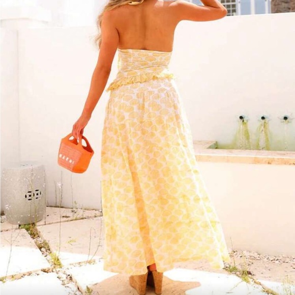 Yellow Ruffle Halter Dress with Shell Print - Picture 2 of 5